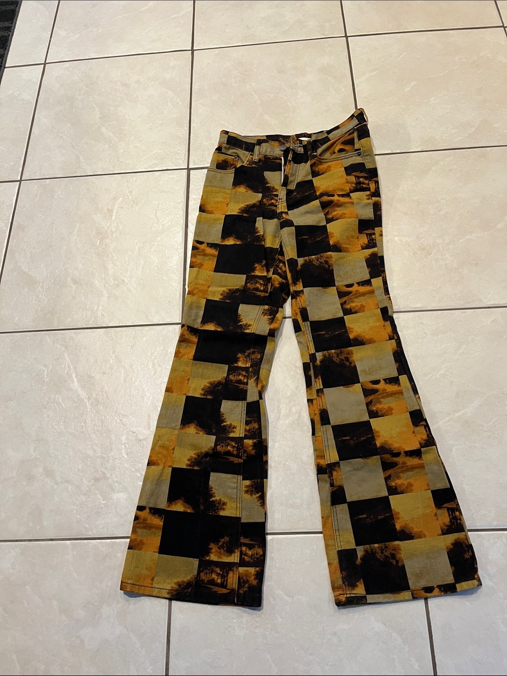 BDG Flared Wide-Leg Checkerboard Jeans in Mustard & Black